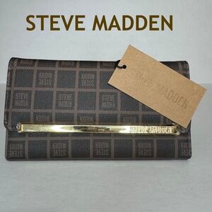 STEVE MADDEN Logo Bar Trifold Wallet/Brown, Tan, Gold/New with Tags